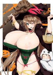 Rule 34 | 2girls, areola slip, bea (bropmlk), black headwear, black robe, blush, breasts, brown hair, cameltoe, candy, cleavage, cleft of venus, closed eyes, collarbone, cowboy shot, embarrassed, female focus, food, ghost costume, gigantic breasts, grabbing, grabbing from behind, green eyes, green leotard, halloween, halloween costume, happy, hat, hat ribbon, heart, height difference, highres, holding, holding clothes, holding hat, holding staff, lactation, lactation through clothes, leg ribbon, leotard, long hair, long sleeves, looking at viewer, loose clothes, multiple girls, nipple slip, nipples, one eye closed, open clothes, open mouth, open robe, original, outside border, pumpkin, red ribbon, ribbon, robe, short hair, sidelocks, signature, sleeves past wrists, smile, solo focus, staff, sweat, swept bangs, thigh ribbon, trick or treat, very long hair, wince, witch, witch hat, yellow ribbon