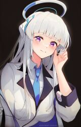 Rule 34 | 1girl, blue archive, kana yukino, long hair, long sleeves, looking at viewer, necktie, noa (blue archive), purple eyes, solo, white hair