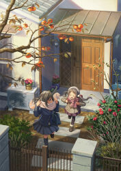 Rule 34 | 2girls, autumn leaves, backpack, bag, bare tree, beret, black footwear, black pantyhose, black thighhighs, blue jacket, blue skirt, blush, bow, brick, brown footwear, brown hair, brown jacket, brown sweater, bucket, buttons, camellia, child, closed eyes, commentary, condenser unit, curtains, drainpipe, flower, flower pot, food, fruit, fur-trimmed footwear, fur trim, gate, hair ornament, hands up, hat, highres, hirose yuki, house, jacket, leg up, loafers, looking at another, multiple girls, open mouth, original, outdoors, pantyhose, parted bangs, persimmon, pink flower, pink scarf, pleated skirt, pom pom (clothes), pom pom hair ornament, purple skirt, randoseru, red bag, scarf, scarf bow, school bag, school uniform, shoes, siblings, sidelocks, sisters, skirt, smile, stepping stones, sweater, teeth, thighhighs, tile roof, tree, twintails, walking, wall lamp, white hat, windowsill