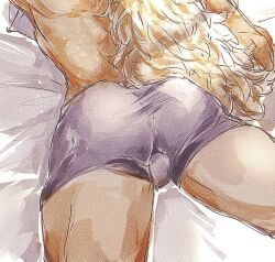 Rule 34 | 1boy, ame ekai, ass, ass focus, bara, blonde hair, boxers, bulge, feet out of frame, from above, head out of frame, highres, killer (one piece), long hair, lower body, lying, male focus, male underwear, muscular, muscular male, on bed, on stomach, one piece, purple male underwear, solo, thighs, underwear, very long hair