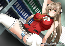 Rule 34 | 1girl, aiguillette, amagi brilliant park, antenna hair, arm up, bare shoulders, black skirt, blue panties, blush, bookshelf, breasts, brown eyes, brown hair, closed mouth, hair intakes, hair ribbon, hellandheaven, large breasts, leaning back, long hair, looking at viewer, miniskirt, panties, pleated skirt, ponytail, red vest, ribbon, sento isuzu, sitting, skirt, solo, spread legs, striped clothes, striped panties, thighhighs, thighs, underwear, vest, white thighhighs