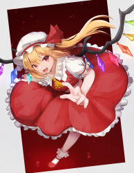 Rule 34 | 1girl, absurdres, ascot, blonde hair, crystal, fang, flandre scarlet, full body, hat, highres, hinakoelys, long hair, looking at viewer, mob cap, open mouth, puffy short sleeves, puffy sleeves, red eyes, short sleeves, side ponytail, solo, touhou, wings