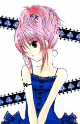 Rule 34 | 1girl, bare shoulders, blue dress, cross hair ornament, dress, hair ornament, hinamori amu, lace, lace-trimmed dress, lace trim, official art, one eye closed, peach-pit, pink hair, ribbon, scan, shugo chara!, solo, v, v arms, wink, yellow eyes