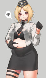 Rule 34 | 1girl, belly, belly grab, black bra, black gloves, black hat, black skirt, blonde hair, bra, breasts, brown eyes, dress shirt, garrison cap, girls&#039; frontline, gloves, grey background, half gloves, hat, highres, large breasts, military, military uniform, mp40 (girls&#039; frontline), navel, pencil skirt, pinching, plump, shirt, short hair, simple background, skirt, solo, spoken squiggle, squiggle, sweatdrop, thigh strap, thought bubble, toryu fufu, underwear, uniform, weight conscious, white shirt