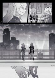 Rule 34 | 2girls, :d, absurdres, building, city, cloud, firefly (honkai: star rail), flashback, gloves, greyscale, hair between eyes, hair intakes, hairband, highres, hive328, honkai: star rail, honkai (series), jacket, long hair, monochrome, multiple girls, multiple views, neckerchief, off-shoulder jacket, off shoulder, one eye closed, open clothes, open jacket, open mouth, outdoors, pinky swear, profile, railing, side-by-side, sidelocks, smile, spotlight, stelle (honkai: star rail), thighhighs, trailblazer (honkai: star rail), yuri