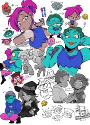 Rule 34 | 1girl, 2boys, ?, absurdres, animalization, antennae, blush, cat, chibi, color guide, colored skin, crop top, earrings, energy, enid (ok k.o.!), fang, freckles, gomoku (gomoku418), green skin, hand on own hip, hat, headband, heart, highres, holding hands, jewelry, jitome, k.o. (ok k.o.!), looking away, looking back, multiple boys, necklace, ok k.o.! let&#039;s be heroes, ponytail, purple eyes, purple hair, rabbit, radicles (ok k.o.!), shorts, simple background, skull necklace, sparkle, sweater, white background, witch hat