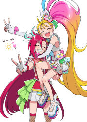 Rule 34 | 2girls, ankle bow, ankle ribbon, aqua hair, bare legs, bird, blonde hair, blue hair, bow, carrying, character name, closed eyes, cure flamingo, cure summer, dot nose, elbow gloves, facing viewer, fishnet thighhighs, fishnets, flamingo, flower, gloves, gradient hair, grin, hair flower, hair ornament, highres, legs apart, long hair, magical girl, midriff, multicolored hair, multiple girls, natsuumi manatsu, open mouth, pink bow, pink hair, pouch, precure, red hair, ribbon, shoes, side ponytail, skirt, smile, standing, streaked hair, sun, takizawa asuka, thighhighs, tropical-rouge! precure, two-tone hair, v, very long hair, white background, white bow, white footwear, white gloves, white skirt, yuzu sato, zettai ryouiki