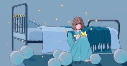 Rule 34 | 1girl, animification, bed, bed sheet, blue dress, blue theme, blunt bangs, bob cut, brown hair, canjiya, commentary, dress, english commentary, eunha (gfriend), full body, gfriend, holding, holding moon, holding star, k-pop, pillow, real life, sitting, solo, star (sky), star (symbol)