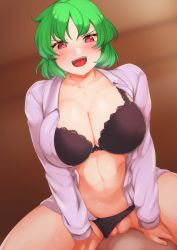 Rule 34 | 1boy, 1girl, black bra, black panties, blush, bra, breasts, censored, cleavage, cleft of venus, clothed sex, clothing aside, collarbone, collared shirt, commentary request, cowgirl position, dutch angle, fat mons, girl on top, green hair, hair between eyes, heart, heart-shaped pupils, hetero, indoors, kazami yuuka, lace, lace-trimmed bra, lace trim, large breasts, long sleeves, looking at viewer, mosaic censoring, navel, open clothes, open mouth, open shirt, panties, panties aside, pov, pussy, red eyes, sadahiro (chicken nugget gyuuniku aji), sex, shirt, short hair, solo focus, stomach, straddling, sweat, symbol-shaped pupils, teeth, tongue, touhou, underwear, upper teeth only, white shirt