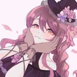 Rule 34 | 1girl, 47 m00n, :3, black dress, braid, brown eyes, dress, falling petals, flower, frilled gloves, frilled hat, frills, gloves, hands on own cheeks, hands on own face, hat, highres, idolmaster, idolmaster shiny colors, looking at viewer, mini hat, osaki tenka, petals, red hair, see-through, see-through gloves, smile, solo, twin braids, witch hat