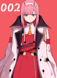Rule 34 | 1girl, billbung, black eyeliner, blunt bangs, character name, closed mouth, coat, commentary, cowboy shot, crossed arms, darling in the franxx, dress, eyeliner, green eyes, hairband, highres, horns, long hair, looking at viewer, military, military uniform, necktie, oni horns, orange necktie, pink hair, red background, red dress, red horns, simple background, solo, standing, straight-on, uniform, white coat, white hairband, zero two (darling in the franxx)