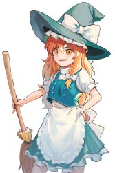 Rule 34 | 1girl, apron, blonde hair, bow, braid, broom, h2co3 vv, hair bow, hand on own hip, hat, highres, holding, holding broom, kirisame marisa, long hair, looking at viewer, open mouth, short sleeves, side braid, skirt, smile, solo, touhou, waist apron, witch hat, yellow eyes