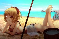 Rule 34 | 1girl, adapted costume, ass, backless outfit, bare shoulders, barefoot, beach, blonde hair, blurry, breast press, breasts, brown one-piece swimsuit, commentary request, day, depth of field, hair ribbon, halterneck, head rest, kurodani yamame, large breasts, legs up, looking at viewer, lying, ocean, on stomach, one-piece swimsuit, parasol, ponytail, red eyes, ribbon, shounen (hogehoge), sideboob, smile, solo, swimsuit, the pose, touhou, umbrella