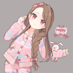 Rule 34 | :&lt;, bow, braid, brown hair, buttons, charles donatello the 18th, commentary request, eyelashes, grey background, hair bow, hand up, happy birthday, heart, highres, hood, hooded pajamas, idolmaster, idolmaster (classic), light blush, long hair, long sleeves, looking at viewer, minase iori, pajamas, pink pajamas, pink ribbon, pom pom (clothes), red bow, red eyes, ribbon, shorts, solo focus, striped clothes, striped pajamas, stuffed animal, stuffed rabbit, stuffed toy, yuzuki (yuduame)