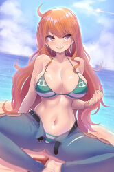 Rule 34 | 1girl, beach, bikini, bikini under clothes, blue pants, blue sky, bracelet, breasts, brown eyes, cleavage, clenched hand, closed mouth, cloud, cloudy sky, day, denim, earrings, green bikini, hand up, highres, jeans, jewelry, kazukoto, large breasts, long hair, nami (one piece), ocean, one piece, open fly, orange hair, outdoors, pants, pearl earrings, pirate ship, sitting, sky, smile, solo, sunlight, swimsuit