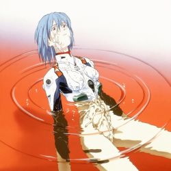 Rule 34 | 1girl, ayanami rei, blue hair, bodysuit, breasts, cowboy shot, frown, hair between eyes, honda takeshi, lcl, looking up, neon genesis evangelion, official art, pale skin, partially submerged, pilot suit, plugsuit, reclining, red eyes, ripples, short hair, sitting, small breasts, solo, tears, turtleneck, wet, wet clothes, wet hair