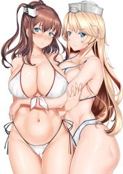 Rule 34 | 10s, 2girls, :3, :o, absurdres, alternate costume, arm behind back, arm grab, asymmetrical docking, bare arms, bare legs, bare shoulders, bikini, blonde hair, blue eyes, blush, breast hold, breast press, breasts, brown hair, chiyo goya, cleavage, closed mouth, collarbone, commentary, couple, cowboy shot, female focus, front-tie top, hair between eyes, hair ornament, hand on another&#039;s arm, hat, highleg, highleg bikini, highleg swimsuit, highres, hug, huge breasts, iowa (kancolle), kantai collection, large breasts, legs, long hair, looking at viewer, midriff, multiple girls, naughty face, navel, neck, one side up, parted lips, saratoga (kancolle), shy, side-tie bikini bottom, simple background, smile, standing, star-shaped pupils, star (symbol), stomach, strap gap, swimsuit, symbol-shaped pupils, thigh gap, thighs, very long hair, white background, white bikini, yuri