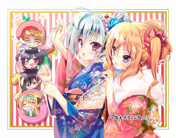 Rule 34 | 10s, 2016, 2girls, :d, blonde hair, blue eyes, character request, charlotte labpeyn, eyes visible through hair, hair ornament, hair up, hand on another&#039;s shoulder, highres, izure shinwa no houkago sensou, japanese clothes, kimono, looking at another, looking back, multiple girls, nengajou, new year, open mouth, purple eyes, ruirui shishigane, sidelocks, silver hair, smile, youta