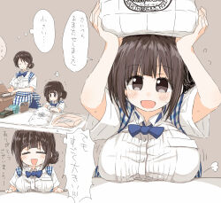 Rule 34 | 2girls, :&gt;, :d, = =, age difference, apron, blue apron, blunt bangs, breast rest, breasts, breasts on table, brown eyes, brown hair, carrying bag, dress, fanged bangs, flying sweatdrops, hair bun, happy, height difference, kobeya, kobeya uniform, large breasts, looking at viewer, multiple girls, naitou kouse, open mouth, oppai loli, original, parted bangs, polka dot, polka dot apron, simple background, single hair bun, smile, translation request, white dress