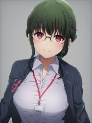 Rule 34 | absurdres, anosillus ii, black jacket, blush, breasts, button gap, glasses, green hair, grey background, gridman universe, highres, id card, jacket, lanyard, large breasts, long sleeves, looking at viewer, noshimurin, red eyes, shirt, short hair with long locks, smile, ssss.dynazenon, white shirt