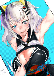 Rule 34 | 1girl, absurdres, armpits, bare shoulders, blue eyes, blush, breasts, checkered background, cleavage, cleavage cutout, clothes pull, clothing cutout, dress pull, hair ornament, hairclip, half-closed eyes, highres, iapoc, kaguya luna, large breasts, looking at viewer, obi, outstretched arm, reaching, reaching towards viewer, sash, selfie, silver hair, simple background, smile, solo, the moon studio, twintails, virtual youtuber, white background