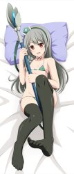 Rule 34 | 1girl, absurdres, bed sheet, bikini, black thighhighs, blush, dakimakura (medium), flat chest, full body, futoku no guild, green bikini, green hair, groin, hair between eyes, hat, highres, holding, holding staff, ishida seito, knee up, looking at viewer, lying, mage staff, maidena angers, micro bikini, mini hat, on back, on bed, open mouth, pillow, red eyes, solo, staff, swimsuit, thighhighs, toes