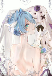 Rule 34 | 1girl, absurdres, backless dress, backless outfit, bare shoulders, blue eyes, blue hair, blush, bow, bowtie, breasts, bridal veil, bride, cross, cross earrings, dragon girl, dress, earrings, elira pendora, flower, hair ornament, hair over one eye, head wings, highres, jewelry, lion iscat, looking at viewer, multicolored hair, necklace, nijisanji, nijisanji en, off shoulder, one eye covered, pikl (elira pendora), plant, short hair, smile, solo, veil, virtual youtuber, wedding dress, white dress, white hair, wings