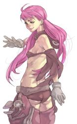 Rule 34 | 00s, 1girl, ass, bikini, black bikini, cowboy shot, cynthia lane, female focus, gloves, gorget, half-closed eyes, long hair, looking back, overman king gainer, pilot suit, pink hair, simple background, solo, swimsuit, twintails, white background