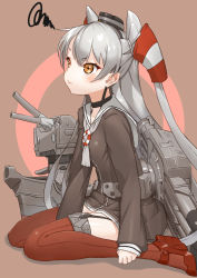 Rule 34 | 10s, 1girl, amatsukaze (kancolle), blush, brown dress, brown eyes, choker, dress, grey neckerchief, hair tubes, headgear, high heels, highres, jonsun, kantai collection, long hair, long sleeves, machinery, neckerchief, red footwear, red thighhighs, rensouhou-kun, sailor collar, shoes, short dress, silver hair, simple background, sitting, solo, squiggle, thighhighs, two side up, wariza