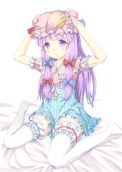 Rule 34 | 1girl, arms up, babydoll, crescent, frilled thighhighs, frills, hair ribbon, hat, highres, long hair, mob cap, nightgown, patchouli knowledge, purple eyes, purple hair, ribbon, sitting, solo, thighhighs, touhou, tress ribbon, very long hair, wariza, white thighhighs, xiao yinbie, zettai ryouiki