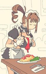 Rule 34 | 1girl, apron, between breasts, bikini, bottle, breast hold, breasts, brown hair, choker, closed eyes, farfinfarfin, food, food writing, fork, frilled apron, frilled choker, frilled gloves, frills, gloves, high ponytail, ketchup, knife, maid, maid apron, maid bikini, maid cafe, maid headdress, omelet, omurice, original, sidelocks, skirt, solo, swimsuit, unconventional maid, white gloves
