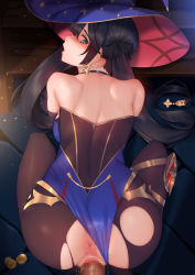 Rule 34 | 1boy, 1girl, anus, ass, back, bad anatomy, bare shoulders, black hair, black pantyhose, blue eyes, blush, breasts, censored, clothed sex, clothing aside, coin, commentary, doggystyle, earrings, from above, genkung, genshin impact, gloves, gold coin, hair ornament, hetero, highres, jewelry, leotard, leotard aside, long hair, looking at viewer, looking back, mona (genshin impact), mora (genshin impact), mosaic censoring, pantyhose, penis, pillow, pussy, sex, sex from behind, solo focus, star (symbol), star hair ornament, sweat, torn clothes, torn legwear, twintails, vaginal
