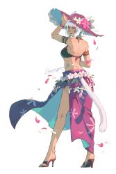 Rule 34 | 1girl, adjusting clothes, adjusting headwear, animal ears, arm tattoo, armlet, artist name, bikini, black bikini, bracelet, cat ears, cat girl, cat tail, commentary, facial mark, falling petals, final fantasy, final fantasy xiv, floral print, flower, from behind, full body, halterneck, hat, hat flower, hibiscus, high heels, highres, jewelry, looking back, miqo&#039;te, petals, pink hat, purple eyes, sandals, sarong, short hair, shuangsen, smile, solo, standing, straw hat, swimsuit, tail, tattoo, white background, white hair, y&#039;shtola rhul