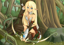Rule 34 | arrow (projectile), bare shoulders, blonde hair, blue eyes, bow (weapon), detached sleeves, elf, kaizeru, kneeling, long hair, pointy ears, solo, thighhighs, weapon