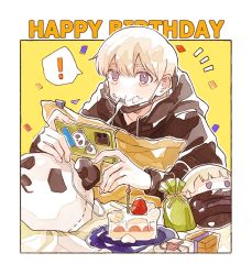 Rule 34 | !, 1boy, black jacket, blonde hair, cake, cake slice, candle, cellphone, facial tattoo, food, gift, hair between eyes, happy birthday, holding, holding phone, hood, hood down, inumaki toge, jacket, jujutsu kaisen, long sleeves, male focus, mask, mouth mask, panda (jujutsu kaisen), phone, purple eyes, short hair, solo, speech bubble, sssk 5, tattoo, upper body, utensil in mouth, yellow background