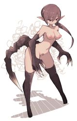 Rule 34 | 1girl, animal hands, bad id, bad pixiv id, bare shoulders, black thighhighs, breasts, brown hair, claws, cleft of venus, closed mouth, dot nose, female pubic hair, fewer digits, full body, lamb-oic029, legs apart, medium breasts, moderate pubic hair, monster girl, navel, nipples, nude, original, pointy ears, ponytail, pubic hair, pussy, red eyes, smile, solo, standing, tail, thighhighs