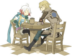 Rule 34 | 1boy, 1girl, :3, bad id, bad pixiv id, beard, blonde hair, blue shirt, boots, chair, head rest, coat, cup, drink, closed eyes, facial hair, gloves, knee boots, malik caesars, mug, multicolored hair, pascal (tales), red hair, scarf, shirt, shorts, sitting, smile, table, tales of (series), tales of graces, two-tone hair, white hair, zenmai