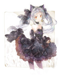 Rule 34 | 1girl, alternate costume, animal ear fluff, animal ears, back, bare shoulders, black bow, black dress, black pantyhose, blunt bangs, border, bow, cat ears, cat tail, clothes lift, cropped legs, day, detached sleeves, dress, dress lift, field, frilled dress, frills, gothic lolita, grass, hair bow, highres, hololive, kei (keigarou), lolita fashion, long hair, looking at viewer, murasaki shion, murasaki shion (gothic lolita), outdoors, pantyhose, red eyes, sidelocks, silver hair, smile, solo, strapless, strapless dress, tail, tail bow, tail ornament, thighhighs, twintails, virtual youtuber, white background, white border