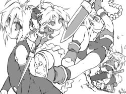 Rule 34 | 1girl, ahoge, armpits, arms up, ass, bike shorts, blouse, bodysuit, boots, braid, commentary request, covered navel, crotch plate, elbow gloves, fighting stance, fingerless gloves, girl with a blonde braid (tomoshibi hidekazu), gloves, greyscale, knee up, long hair, monochrome, multiple views, original, ponytail, sheath, shirt, single braid, sketch, sleeveless, sleeveless shirt, squatting, sword, tomoshibi hidekazu, very long hair, weapon
