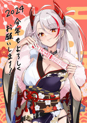 Rule 34 | 1girl, 2024, absurdres, azur lane, black choker, black panties, breasts, choker, cleavage, closed mouth, commentary, cross, hands up, happy new year, headgear, highres, holding, holding paper, iron cross, japanese clothes, kimono, large breasts, lips, long hair, looking at viewer, mole, mole on breast, multicolored hair, new year, nukege ojisan, obi, obijime, official alternate costume, orange eyes, panties, paper, pelvic curtain, prinz eugen (azur lane), prinz eugen (profusion of flowers) (azur lane), red hair, sash, side-tie panties, smile, solo, streaked hair, swept bangs, two side up, underwear, upper body, white hair, wide sleeves