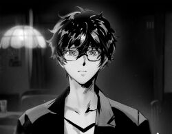 Rule 34 | 1boy, amamiya ren, blurry, blurry background, glasses, greyscale, hair between eyes, hanging light, indoors, jacket, looking at viewer, male focus, monochrome, open clothes, open jacket, persona, persona 5, shirt, solo, um zum, upper body