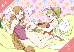 Rule 34 | absurdres, animal ears, blonde hair, braid, breasts, breath of fire, breath of fire iii, carrot, closed mouth, detached collar, dragon, glasses, gloves, hairband, highres, leotard, long hair, maruno, momo (breath of fire), nina (breath of fire iii), orange hair, playboy bunny, rabbit ears, red eyes, short hair, smile, very long hair