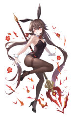 Rule 34 | 1girl, absurdres, alternate costume, animal ears, bare shoulders, black footwear, black nails, black necktie, blush, breasts, brown hair, cleavage, collar, commentary, detached collar, english commentary, eyes visible through hair, fake animal ears, fire, flower, full body, genshin impact, grin, hair between eyes, hair flaps, high heels, highres, hu tao (genshin impact), kokukyukeo, leg up, leotard, long hair, looking at viewer, medium breasts, navel, necktie, playboy bunny, polearm, rabbit ears, rabbit tail, red eyes, red flower, sidelocks, simple background, smile, solo, staff of homa (genshin impact), tail, thighs, very long hair, weapon, white background, white collar, wrist cuffs