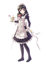 Rule 34 | 1girl, absurdres, akiba&#039;s trip, apron, black dress, black footwear, black hair, blush, breasts, brown pantyhose, center frills, character request, closed mouth, commentary request, cup, dress, flower, frilled apron, frilled dress, frills, full body, gloves, heart, highres, holding, holding teapot, holmemee, juliet sleeves, long hair, long sleeves, maid, maid headdress, medium breasts, pantyhose, pink flower, pink rose, puffy sleeves, purple eyes, ribbon, rose, shoes, simple background, smile, solo, standing, teacup, teapot, water, white apron, white background, white gloves, white ribbon