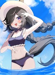 Rule 34 | 1girl, agaki anko, alternate hairstyle, animal ears, arm up, bikini, black bikini, black bow, black bowtie, black hair, blue sky, bow, bow bikini, bowtie, braid, breasts, cloud, cloudy sky, cowboy shot, day, frilled bikini, frills, hat, highres, horse ears, horse girl, horse tail, long hair, looking at viewer, low twin braids, navel, open mouth, outdoors, purple eyes, rice shower (umamusume), sky, small breasts, smile, solo, standing, sun hat, swimsuit, tail, thigh gap, twin braids, umamusume, wading, water, white hat, wind