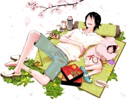 Rule 34 | 1boy, 1girl, age difference, animal hood, bag, bento, black hair, can, cherry blossoms, cherry print, chopsticks, cup, dandelion, denim, drooling, closed eyes, flower, food, food print, grass, hand on own stomach, heart, hood, hoodie, kazue kato, knee up, lying, no socks, on back, on side, open mouth, original, petals, picnic, plate, shoes, unworn shoes, shorts, single shoe, size difference, sleeping, smile, thermos