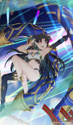Rule 34 | 1girl, anklet, armlet, armpits, asymmetrical legwear, asymmetrical sleeves, bare shoulders, barefoot, bikini, black hair, blush, breasts, bridal gauntlets, cleavage, detached sleeves, dmith, earrings, fate/grand order, fate (series), feet, gold trim, heavenly boat maanna, highres, hoop earrings, ishtar (fate), jewelry, long hair, looking to the side, medium breasts, mismatched bikini, navel, neck ring, open mouth, outstretched arm, parted bangs, red eyes, single detached sleeve, single thighhigh, smile, swimsuit, thighhighs, tiara, two side up, uneven legwear, uneven sleeves, weapon