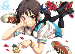 Rule 34 | 1girl, angry, aoi sora (pairan), arm support, bad id, bad pixiv id, black legwear, blush, blush stickers, brown eyes, brown hair, converse, feet, flower, frown, gym shorts, gym uniform, hair ornament, hairclip, hand on own face, head rest, hibiscus, looking at viewer, lying, on stomach, original, pairan, petals, shoes, unworn shoes, shorts, side ponytail, smile, sneakers, soles, solo, sweatband, twintails, white background, wristband