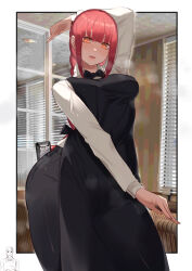 Rule 34 | 1girl, absurdres, apron, arm up, ass, black apron, black bow, black bowtie, black pants, border, bow, bowtie, braid, braided ponytail, breasts, chainsaw man, collared shirt, highres, huge ass, indoors, kikimifukuri, long hair, looking at viewer, makima (chainsaw man), medium breasts, orange eyes, outside border, pants, red hair, restaurant, ringed eyes, shirt, shirt tucked in, sidelocks, solo, steaming body, white border, white shirt