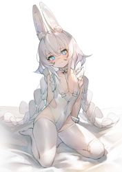 Rule 34 | + +, 1girl, ahoge, animal ear fluff, animal ears, azur lane, bad id, bad twitter id, bed sheet, blue eyes, braid, breasts, choker, closed mouth, collarbone, commentary, covered navel, garter straps, head tilt, highres, le malin (azur lane), le malin (listless lapin) (azur lane), leotard, long hair, looking at viewer, mooofoo, official alternate costume, simple background, sitting, small breasts, solo, thighhighs, twin braids, very long hair, white background, white hair, white leotard, white thighhighs, wrist cuffs, yokozuwari